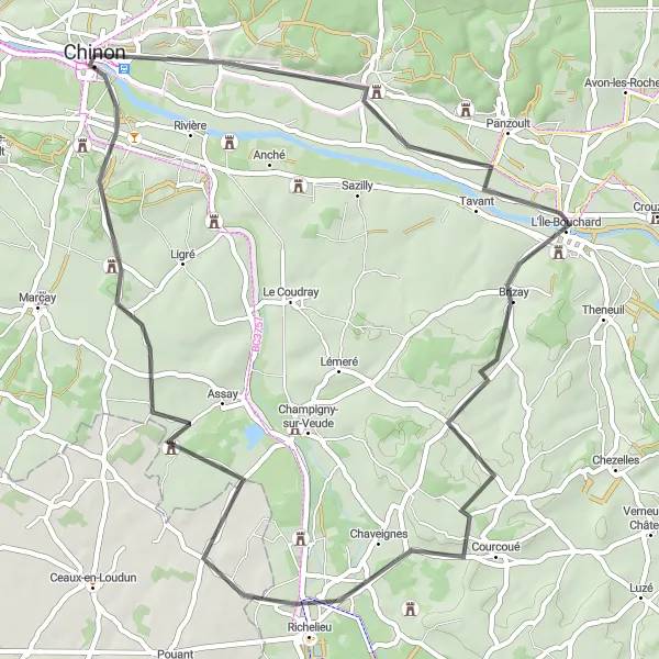 Miniature de la carte de l'inspiration cycliste "Boucle pittoresque autour de Chinon" dans la Centre — Val de Loire, France. Générée par le planificateur d'itinéraire cycliste Tarmacs.app