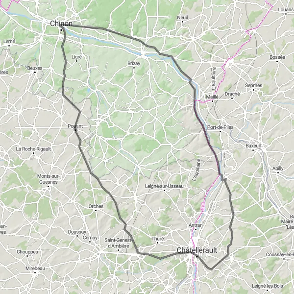 Map miniature of "Chinon Hill Challenge" cycling inspiration in Centre — Val de Loire, France. Generated by Tarmacs.app cycling route planner