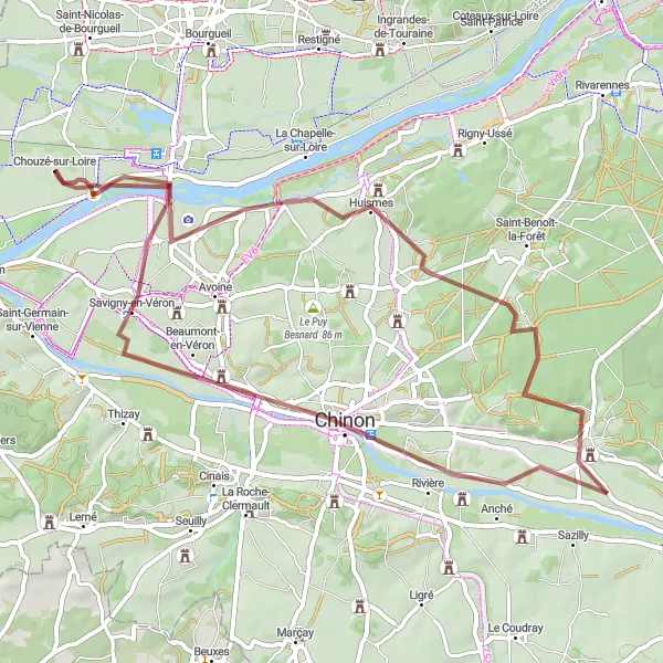 Map miniature of "Chouzé-sur-Loire to Chinon Gravel Route" cycling inspiration in Centre — Val de Loire, France. Generated by Tarmacs.app cycling route planner