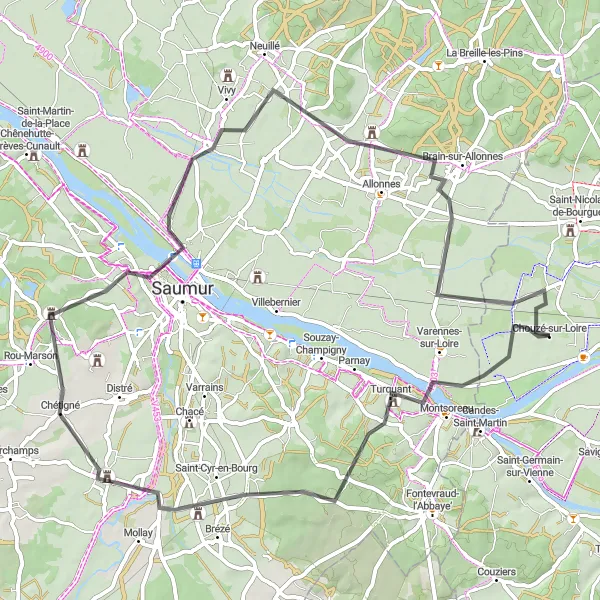 Map miniature of "Loire Valley Loop" cycling inspiration in Centre — Val de Loire, France. Generated by Tarmacs.app cycling route planner