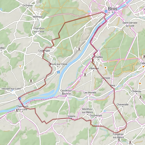 Map miniature of "Discovering the Royal Castles" cycling inspiration in Centre — Val de Loire, France. Generated by Tarmacs.app cycling route planner