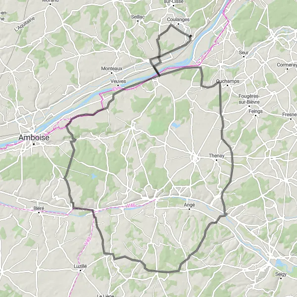 Map miniature of "Châteaux and Vineyards of the Loire Valley" cycling inspiration in Centre — Val de Loire, France. Generated by Tarmacs.app cycling route planner