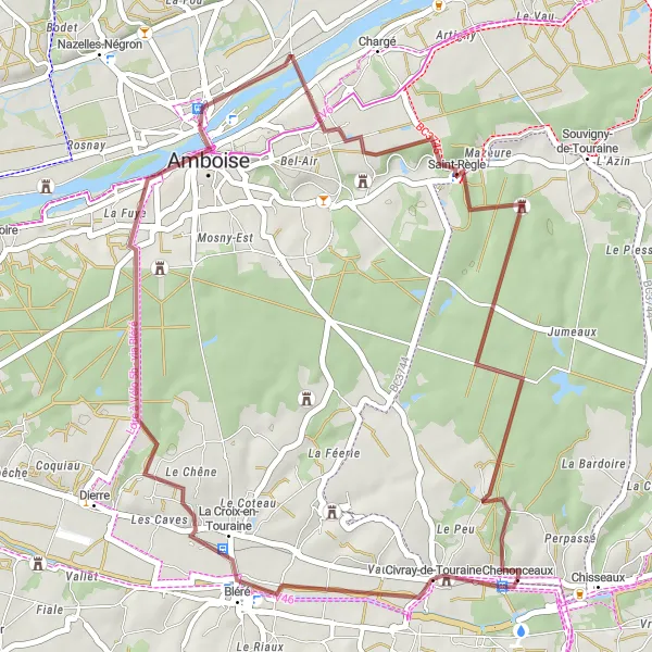 Miniature de la carte de l'inspiration cycliste "Parcours Gravel Chenonceaux - Saint-Règle" dans la Centre — Val de Loire, France. Générée par le planificateur d'itinéraire cycliste Tarmacs.app