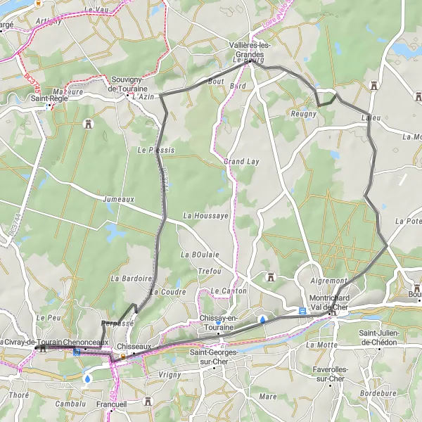Miniature de la carte de l'inspiration cycliste "Circuit Chenonceaux - Vallières-les-Grandes" dans la Centre — Val de Loire, France. Générée par le planificateur d'itinéraire cycliste Tarmacs.app