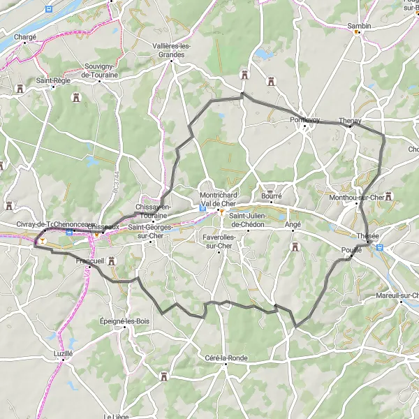 Miniature de la carte de l'inspiration cycliste "Boucle Chenonceaux - Aiguevives" dans la Centre — Val de Loire, France. Générée par le planificateur d'itinéraire cycliste Tarmacs.app