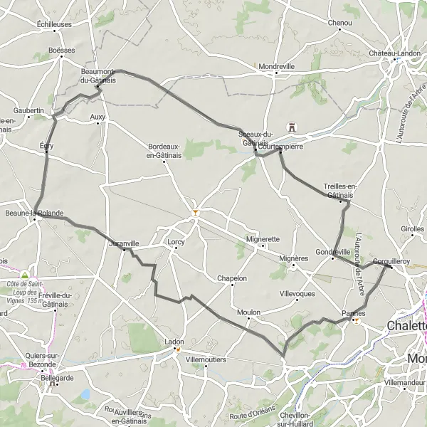 Miniature de la carte de l'inspiration cycliste "Le Tour des Châteaux" dans la Centre — Val de Loire, France. Générée par le planificateur d'itinéraire cycliste Tarmacs.app