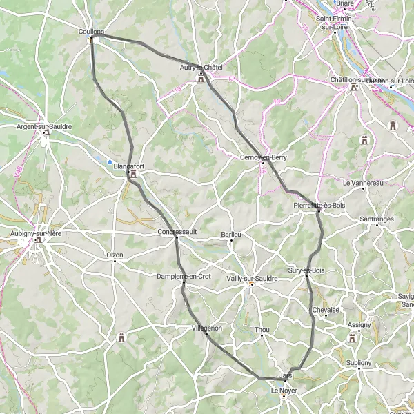 Miniature de la carte de l'inspiration cycliste "Boucle sportive autour de Sury-ès-Bois" dans la Centre — Val de Loire, France. Générée par le planificateur d'itinéraire cycliste Tarmacs.app