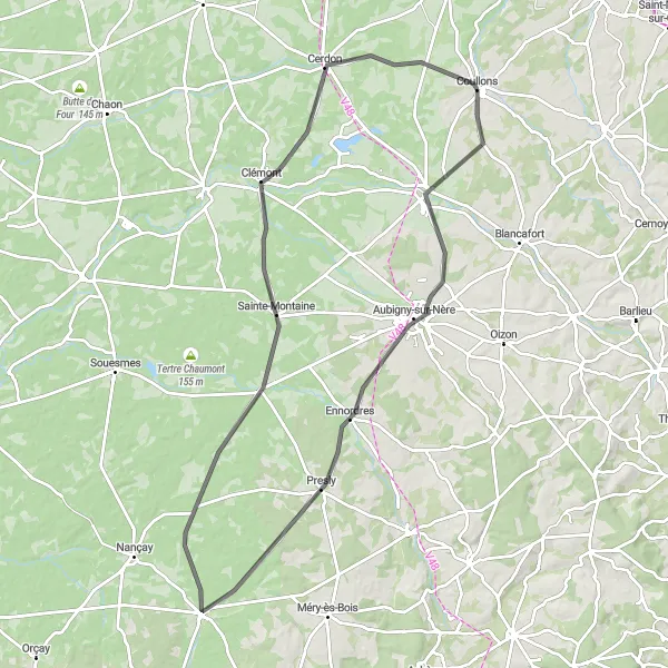 Miniature de la carte de l'inspiration cycliste "Parcours entre Aubigny-sur-Nère et Clémont" dans la Centre — Val de Loire, France. Générée par le planificateur d'itinéraire cycliste Tarmacs.app