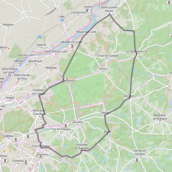 Map miniature of "The Royal Road of the Loire" cycling inspiration in Centre — Val de Loire, France. Generated by Tarmacs.app cycling route planner