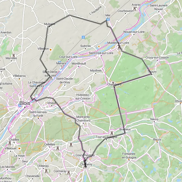 Map miniature of "Chambord Loop" cycling inspiration in Centre — Val de Loire, France. Generated by Tarmacs.app cycling route planner