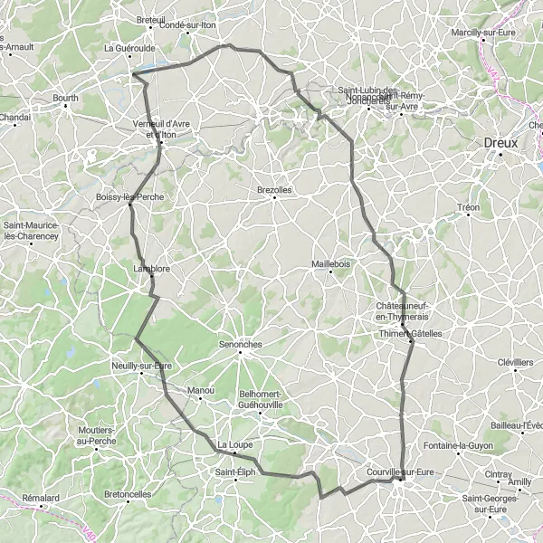 Map miniature of "Courville-sur-Eure Cycling Adventure" cycling inspiration in Centre — Val de Loire, France. Generated by Tarmacs.app cycling route planner