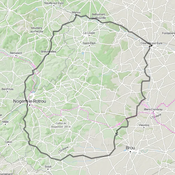 Map miniature of "From Courville-sur-Eure to Pontgouin via Nogent-le-Rotrou (Road)" cycling inspiration in Centre — Val de Loire, France. Generated by Tarmacs.app cycling route planner