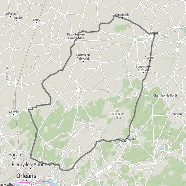 Map miniature of "Beauce Countryside Ride" cycling inspiration in Centre — Val de Loire, France. Generated by Tarmacs.app cycling route planner