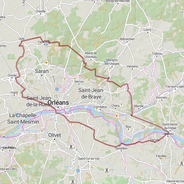 Map miniature of "Darvoy to Jargeau Gravel Adventure" cycling inspiration in Centre — Val de Loire, France. Generated by Tarmacs.app cycling route planner