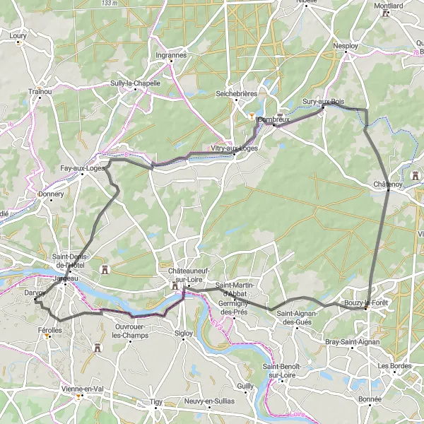 Map miniature of "Darvoy to Déversoir de Jargeau Scenic Road Route" cycling inspiration in Centre — Val de Loire, France. Generated by Tarmacs.app cycling route planner
