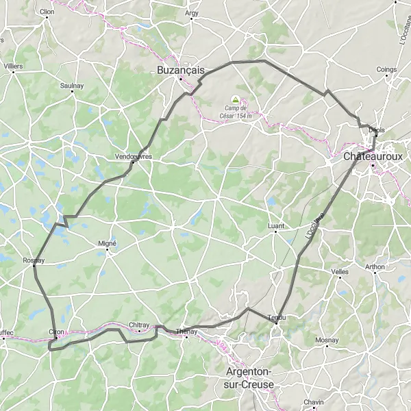 Miniature de la carte de l'inspiration cycliste "Boucle vers Châteauroux" dans la Centre — Val de Loire, France. Générée par le planificateur d'itinéraire cycliste Tarmacs.app