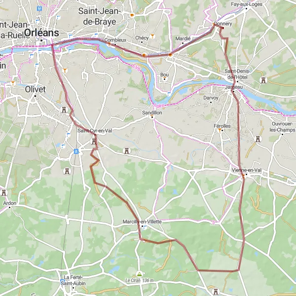 Miniature de la carte de l'inspiration cycliste "Des rives de la Loire à Vienne-en-Val" dans la Centre — Val de Loire, France. Générée par le planificateur d'itinéraire cycliste Tarmacs.app