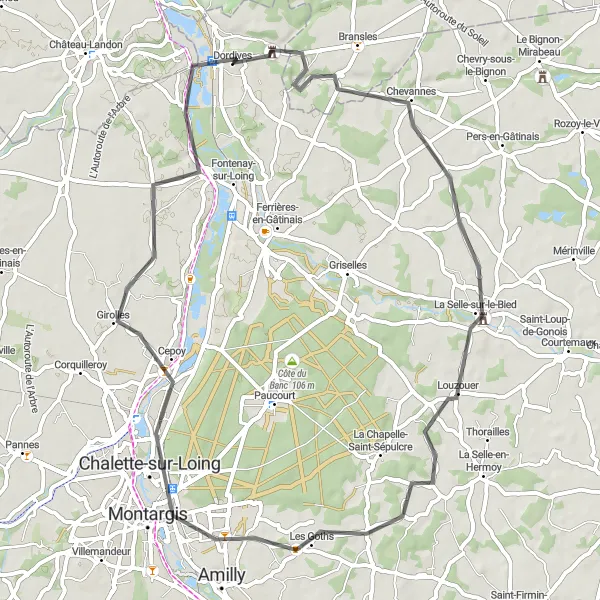 Miniature de la carte de l'inspiration cycliste "Château de Mez-le-Maréchal Loop" dans la Centre — Val de Loire, France. Générée par le planificateur d'itinéraire cycliste Tarmacs.app