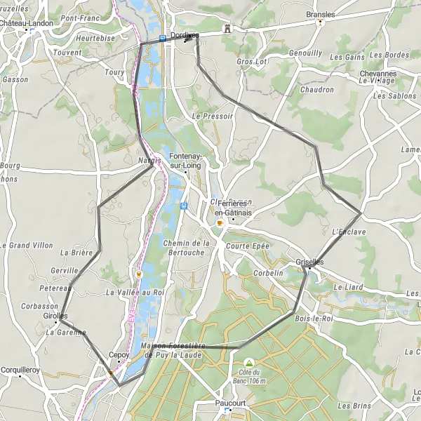 Map miniature of "Countryside Cycling Escape from Dordives" cycling inspiration in Centre — Val de Loire, France. Generated by Tarmacs.app cycling route planner