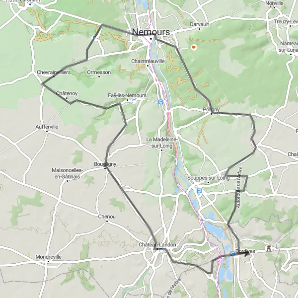 Miniature de la carte de l'inspiration cycliste "Parcours autour de Dordives" dans la Centre — Val de Loire, France. Générée par le planificateur d'itinéraire cycliste Tarmacs.app