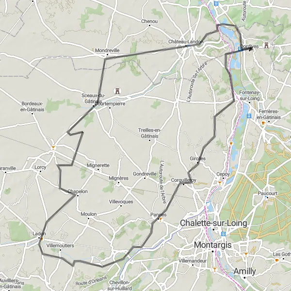 Map miniature of "Scenic Road Cycling near Dordives" cycling inspiration in Centre — Val de Loire, France. Generated by Tarmacs.app cycling route planner