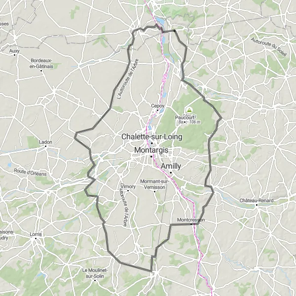 Miniature de la carte de l'inspiration cycliste "Tour de 100 km à Préfontaines" dans la Centre — Val de Loire, France. Générée par le planificateur d'itinéraire cycliste Tarmacs.app