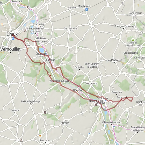 Miniature de la carte de l'inspiration cycliste "Tour de Lormaye" dans la Centre — Val de Loire, France. Générée par le planificateur d'itinéraire cycliste Tarmacs.app