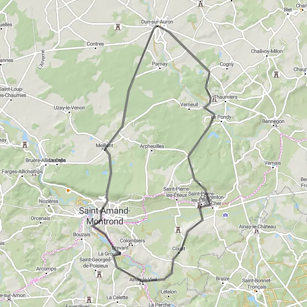 Miniature de la carte de l'inspiration cycliste "Les Châteaux de la Vallée du Cher" dans la Centre — Val de Loire, France. Générée par le planificateur d'itinéraire cycliste Tarmacs.app