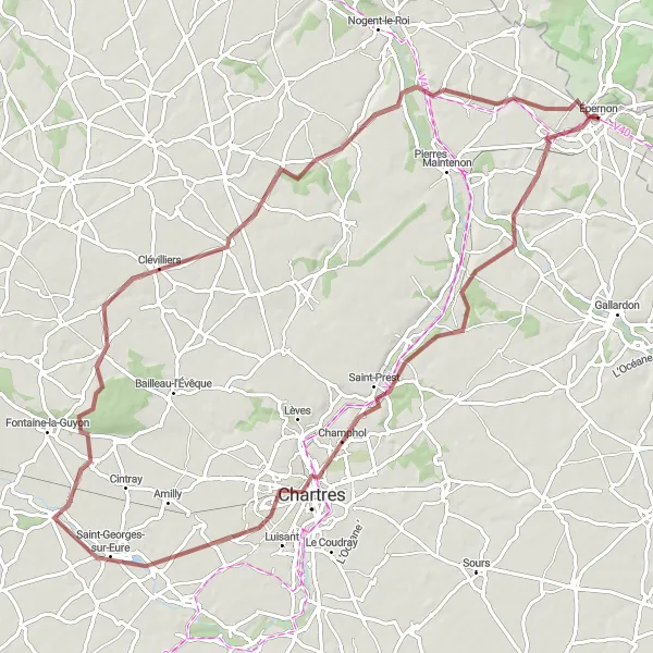 Map miniature of "Épernon to Yermenonville Gravel Route" cycling inspiration in Centre — Val de Loire, France. Generated by Tarmacs.app cycling route planner