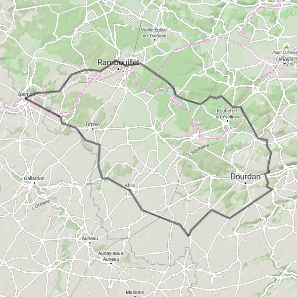 Map miniature of "Épernon to Rambouillet Road Route" cycling inspiration in Centre — Val de Loire, France. Generated by Tarmacs.app cycling route planner