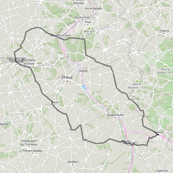 Map miniature of "The Eure Valley Loop" cycling inspiration in Centre — Val de Loire, France. Generated by Tarmacs.app cycling route planner