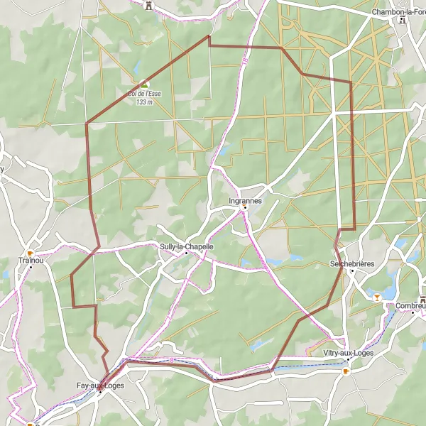 Miniature de la carte de l'inspiration cycliste "Les cols de la région" dans la Centre — Val de Loire, France. Générée par le planificateur d'itinéraire cycliste Tarmacs.app