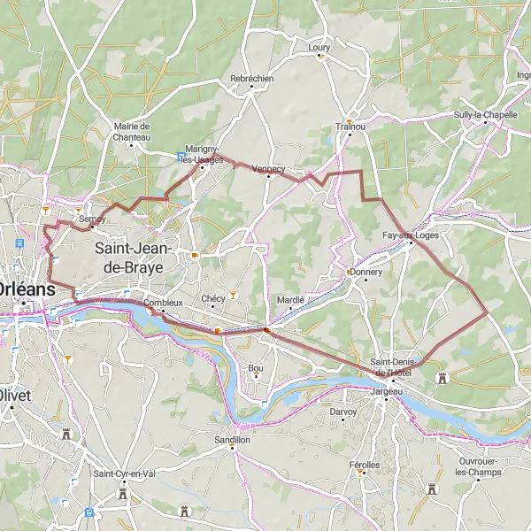 Miniature de la carte de l'inspiration cycliste "Aventure de 52 km en gravel autour de Fleury-les-Aubrais" dans la Centre — Val de Loire, France. Générée par le planificateur d'itinéraire cycliste Tarmacs.app