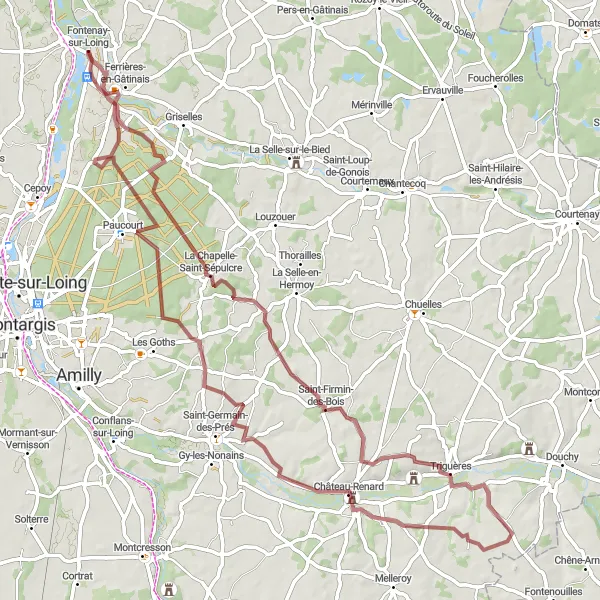 Miniature de la carte de l'inspiration cycliste "Circuit de Fontenay-sur-Loing en Gravel" dans la Centre — Val de Loire, France. Générée par le planificateur d'itinéraire cycliste Tarmacs.app