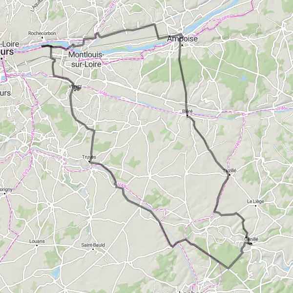 Map miniature of "Scenic Countryside Route near Genillé" cycling inspiration in Centre — Val de Loire, France. Generated by Tarmacs.app cycling route planner