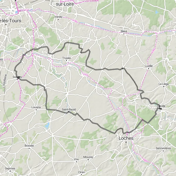 Map miniature of "Loches Loop Route" cycling inspiration in Centre — Val de Loire, France. Generated by Tarmacs.app cycling route planner