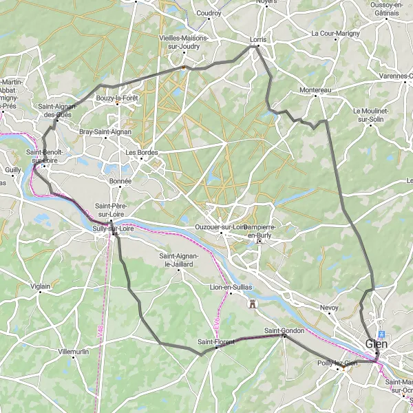 Map miniature of "Charming Loop from Gien" cycling inspiration in Centre — Val de Loire, France. Generated by Tarmacs.app cycling route planner