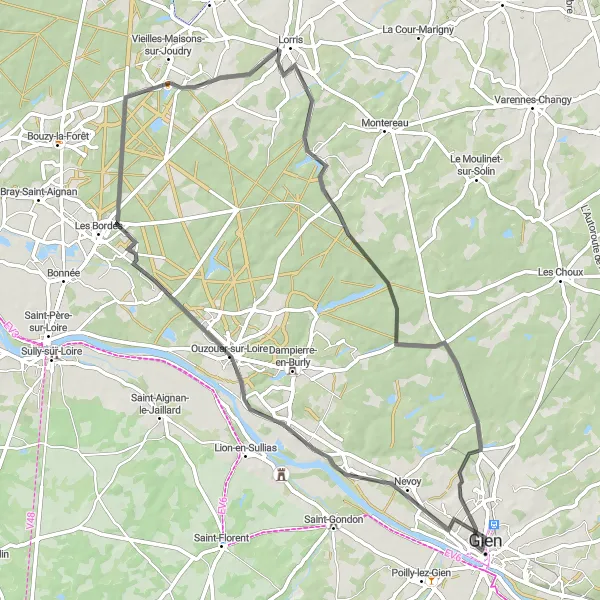 Map miniature of "Countryside Escape near Gien" cycling inspiration in Centre — Val de Loire, France. Generated by Tarmacs.app cycling route planner