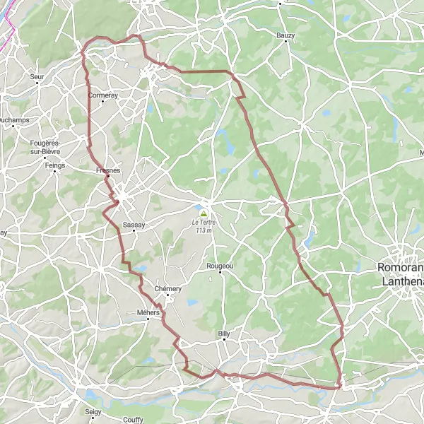 Map miniature of "Gièvres to Pruniers-en-Sologne Gravel Ride" cycling inspiration in Centre — Val de Loire, France. Generated by Tarmacs.app cycling route planner