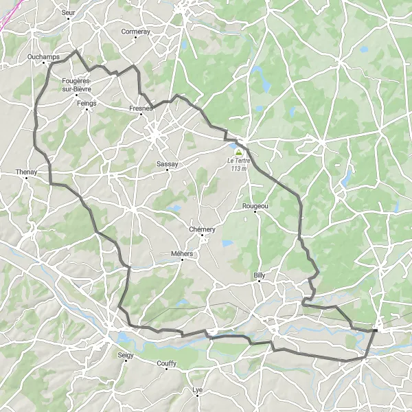 Map miniature of "Gièvres to Choussy Loop" cycling inspiration in Centre — Val de Loire, France. Generated by Tarmacs.app cycling route planner