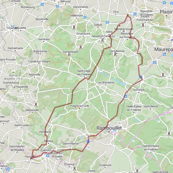 Miniature de la carte de l'inspiration cycliste "Parcours à vélo Gravel autour de Hanches" dans la Centre — Val de Loire, France. Générée par le planificateur d'itinéraire cycliste Tarmacs.app