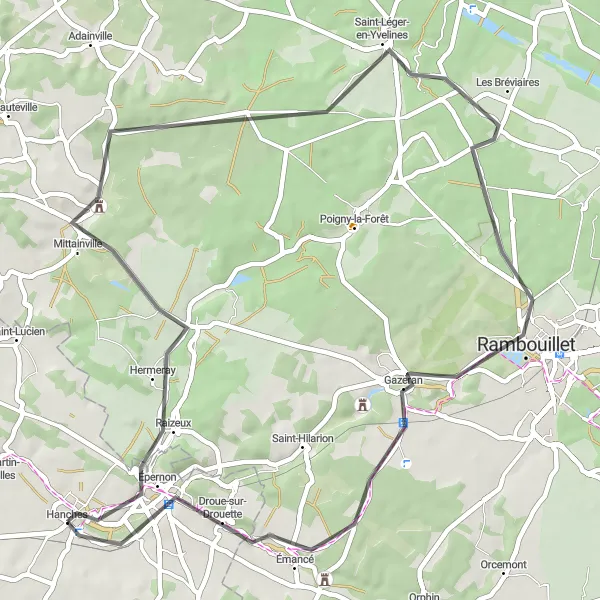 Miniature de la carte de l'inspiration cycliste "Boucle de Hanches à Rambouillet" dans la Centre — Val de Loire, France. Générée par le planificateur d'itinéraire cycliste Tarmacs.app