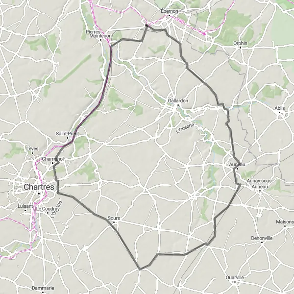 Miniature de la carte de l'inspiration cycliste "Les Villages et Paysages de la Beauce" dans la Centre — Val de Loire, France. Générée par le planificateur d'itinéraire cycliste Tarmacs.app