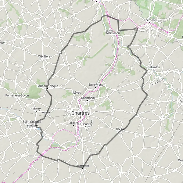 Miniature de la carte de l'inspiration cycliste "La Vallée de l'Eure et ses Châteaux" dans la Centre — Val de Loire, France. Générée par le planificateur d'itinéraire cycliste Tarmacs.app