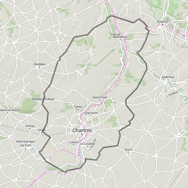 Miniature de la carte de l'inspiration cycliste "Les Châteaux et Abbayes de la Beauce" dans la Centre — Val de Loire, France. Générée par le planificateur d'itinéraire cycliste Tarmacs.app