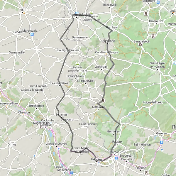 Miniature de la carte de l'inspiration cycliste "Les Châteaux de l'Eure-et-Loir" dans la Centre — Val de Loire, France. Générée par le planificateur d'itinéraire cycliste Tarmacs.app