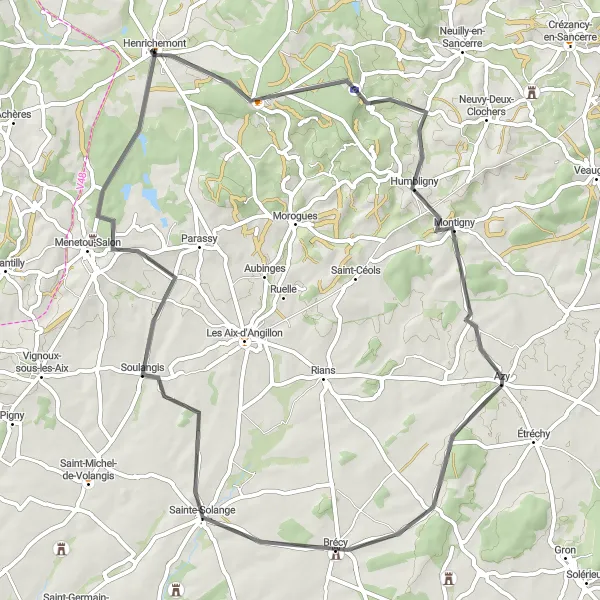 Map miniature of "Henrichemont - La Borne - Humbligny - Azy - Sainte-Solange - Soulangis - Henrichemont" cycling inspiration in Centre — Val de Loire, France. Generated by Tarmacs.app cycling route planner