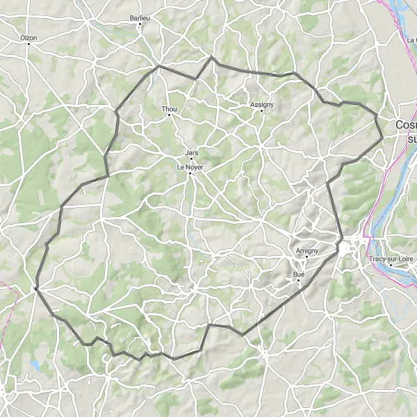 Miniature de la carte de l'inspiration cycliste "La Route du Sancerre" dans la Centre — Val de Loire, France. Générée par le planificateur d'itinéraire cycliste Tarmacs.app