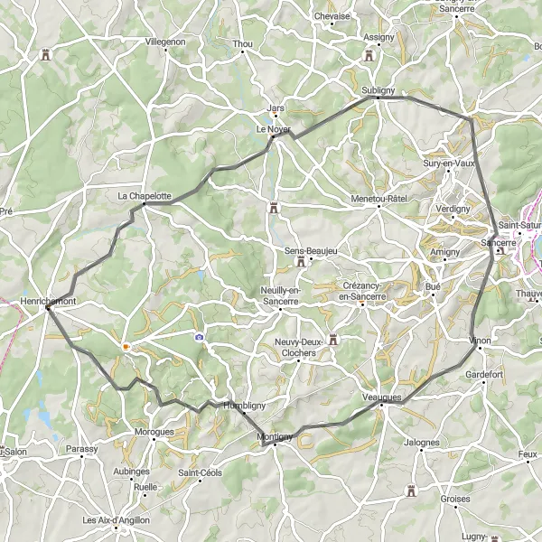 Miniature de la carte de l'inspiration cycliste "Les Vignobles de Sancerre" dans la Centre — Val de Loire, France. Générée par le planificateur d'itinéraire cycliste Tarmacs.app