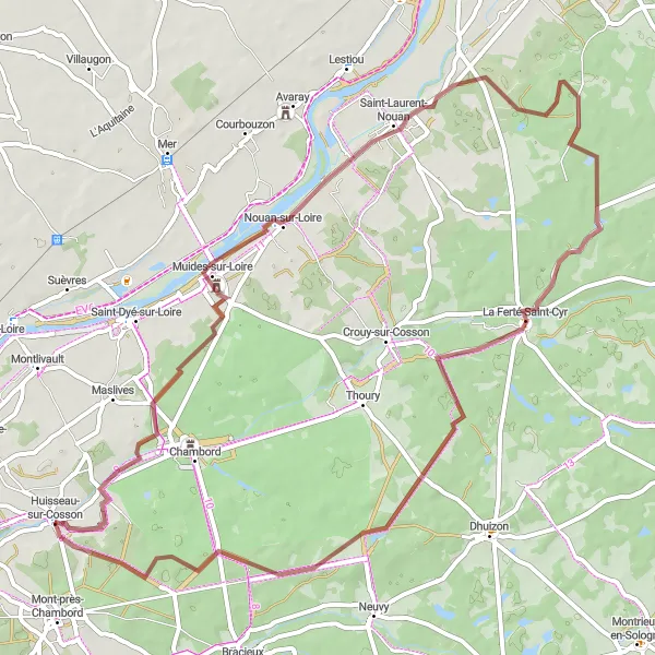 Miniature de la carte de l'inspiration cycliste "Boucle Gravel autour de Huisseau-sur-Cosson" dans la Centre — Val de Loire, France. Générée par le planificateur d'itinéraire cycliste Tarmacs.app